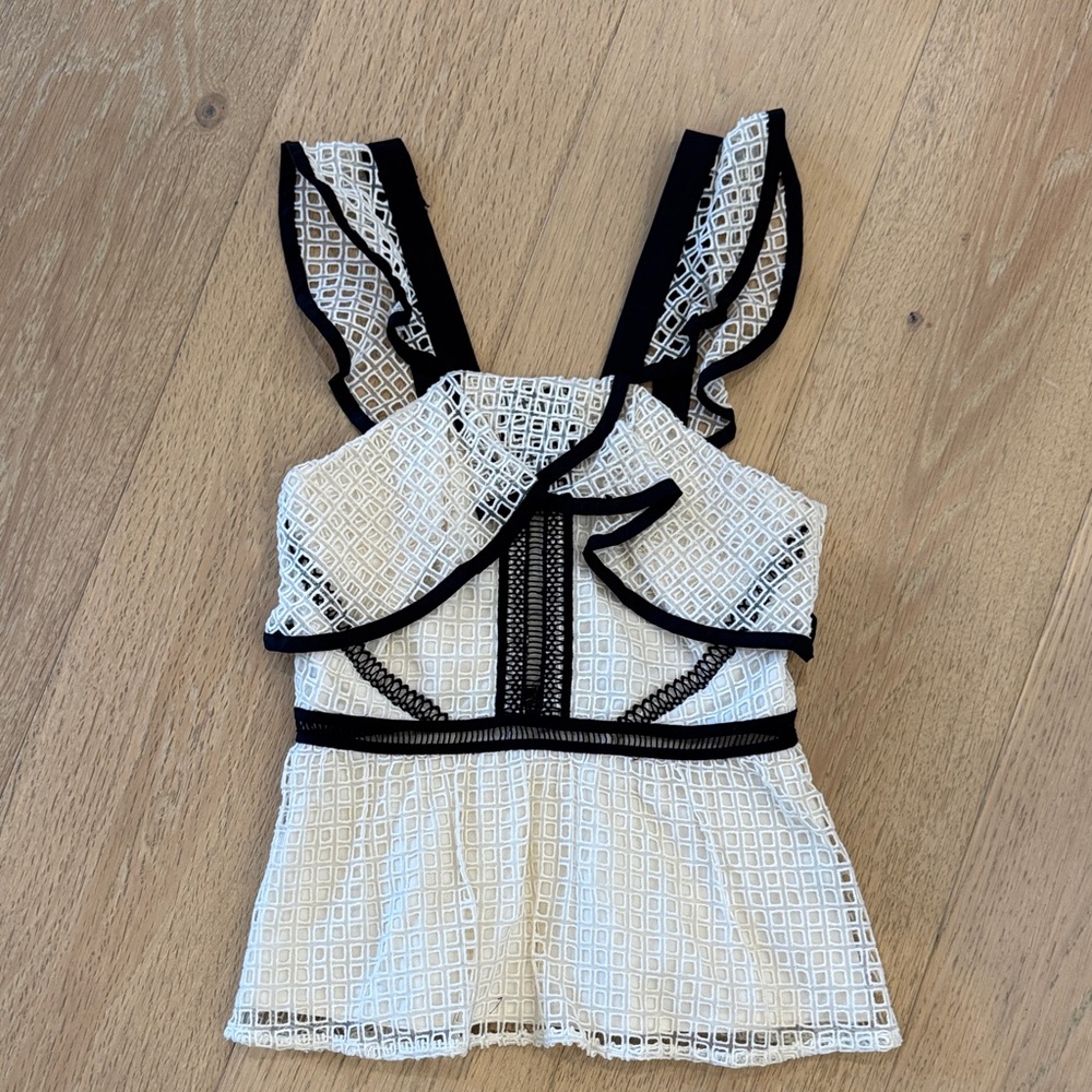 Self-Portrait White and Black Lace-Up Peplum Top
